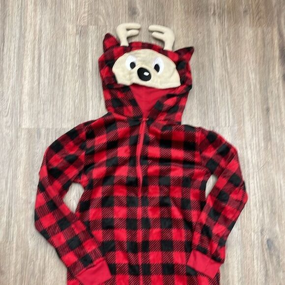 Max & Olivia 1-Piece Checkered Reindeer Pajama Large 12-14 Holiday PJs - Picture 3 of 5